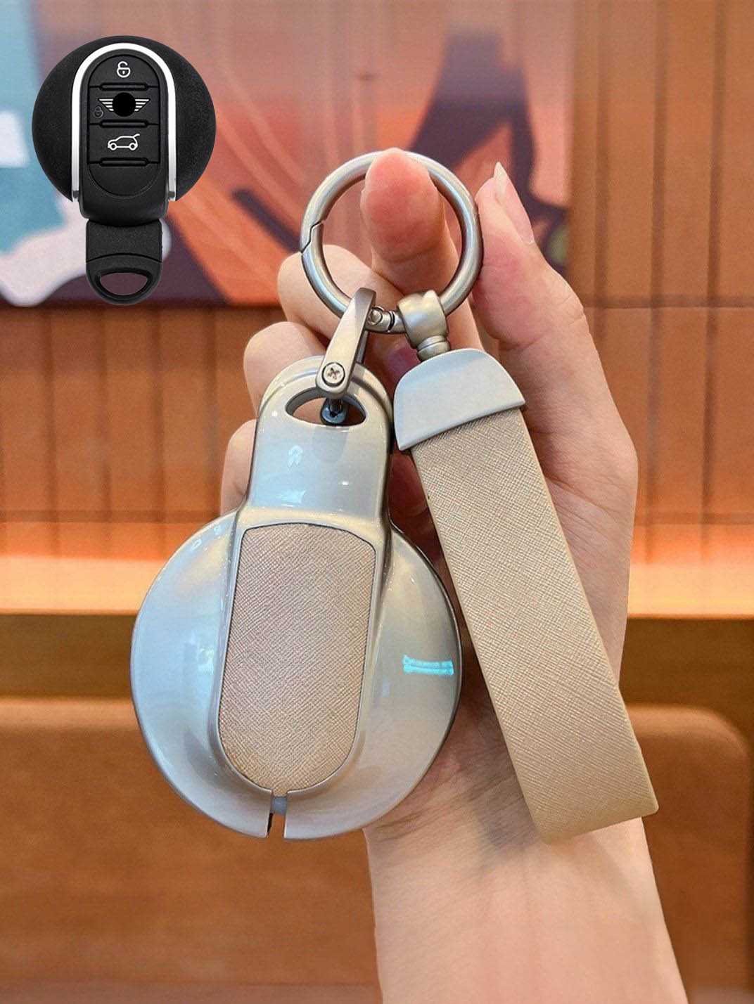 MINI Key Fob Cover with Leather & Metal Frame
