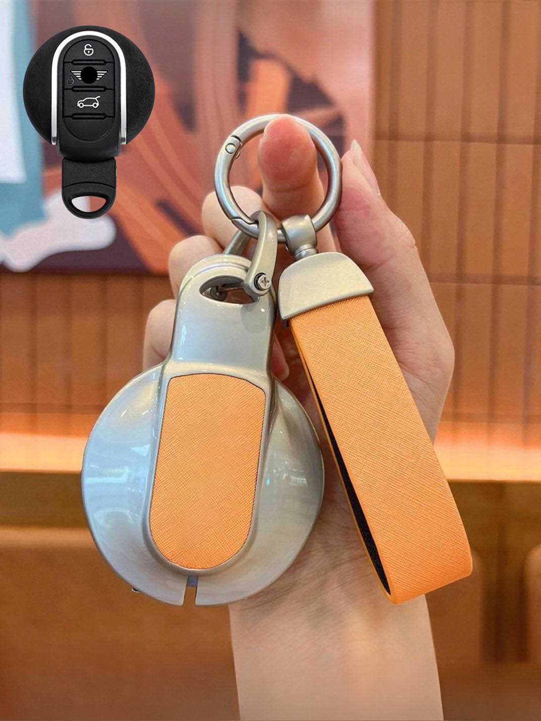 MINI Key Fob Cover with Leather & Metal Frame